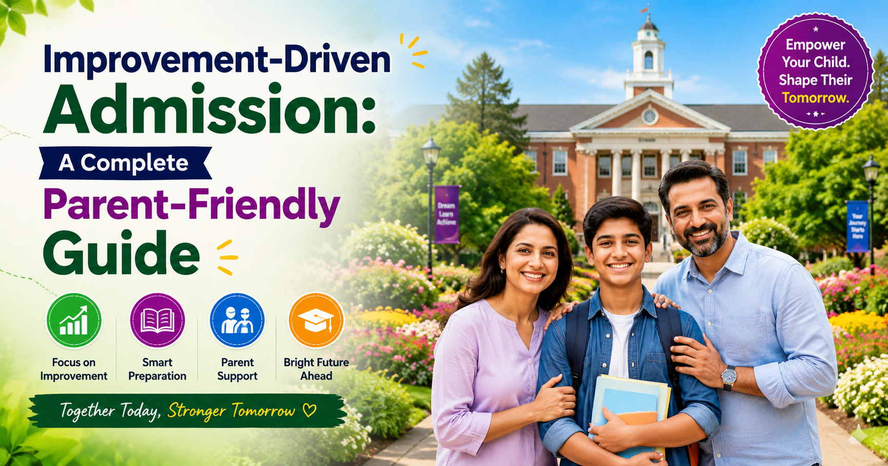 Happy Indian student with smiling parents standing in a beautiful college garden campus for Improvement-Driven Admission parent-friendly education guide.