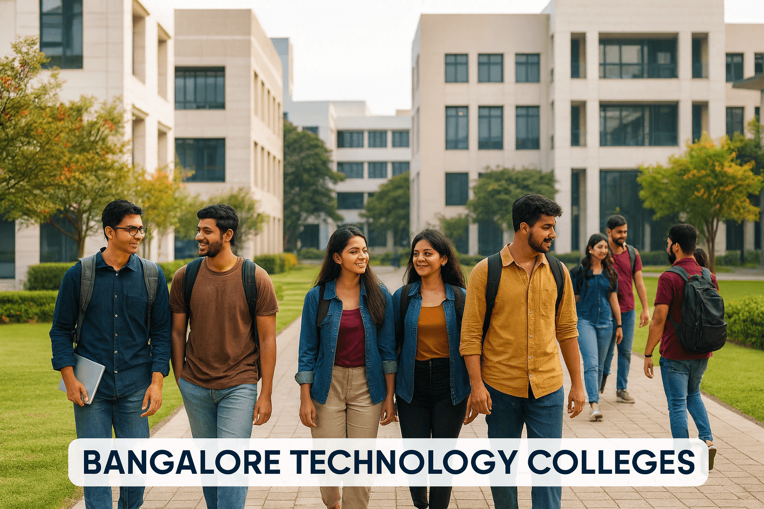 Indian students walking across a modern campus representing bangalore technology colleges