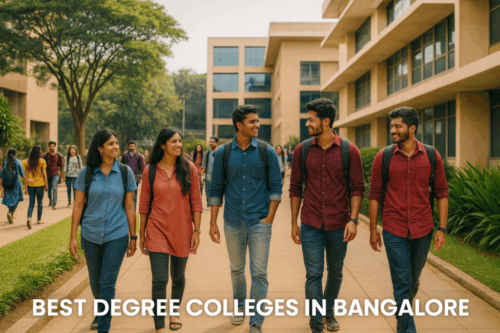 Students walking across campus at the best degree colleges in Bangalore
