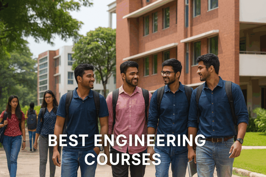 Featured image showing Indian students exploring a campus while learning about the best engineering courses.