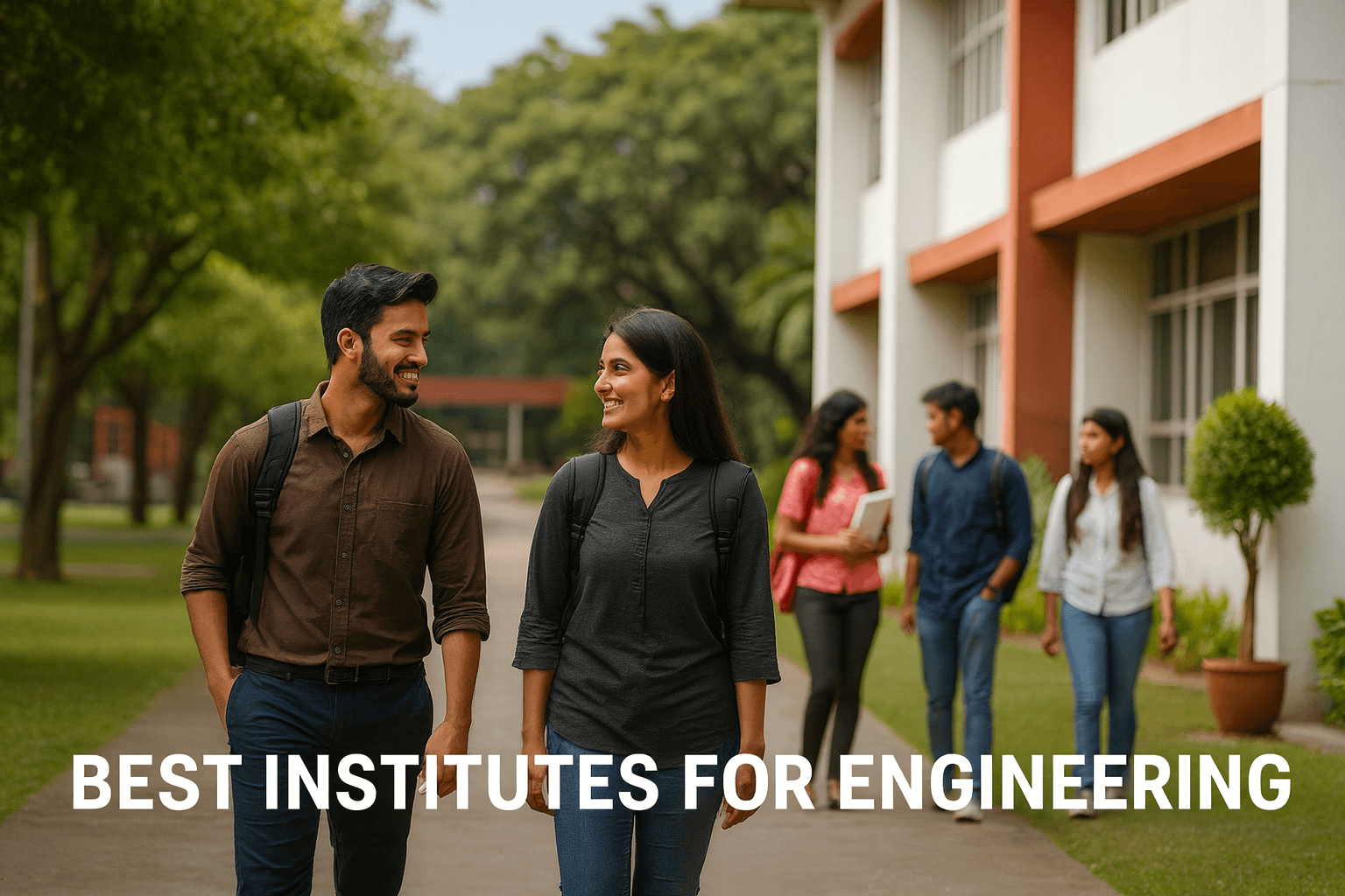 Featured image showing students at the best institutes for engineering on a modern campus