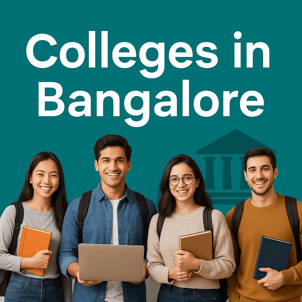 Featured banner for colleges in bangalore showing diverse students in front of a campus silhouette.