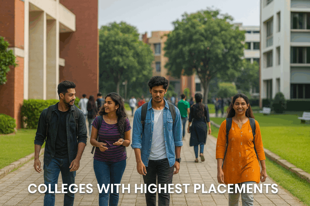 Indian students on a modern campus representing colleges with highest placements