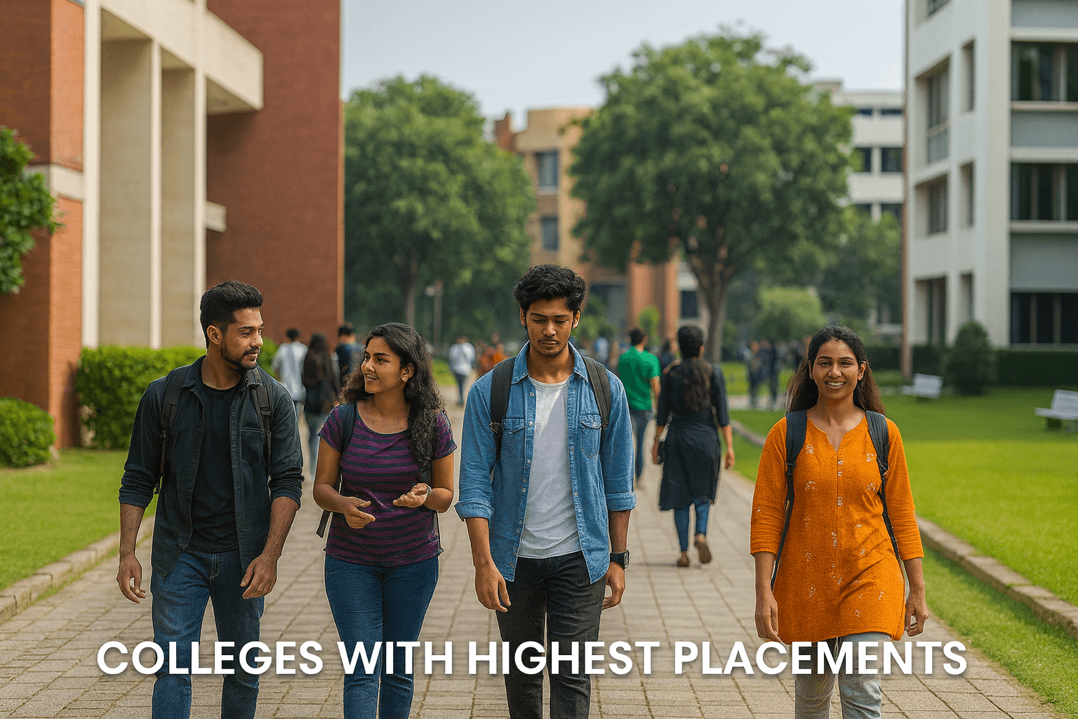 Indian students on a modern campus representing colleges with highest placements