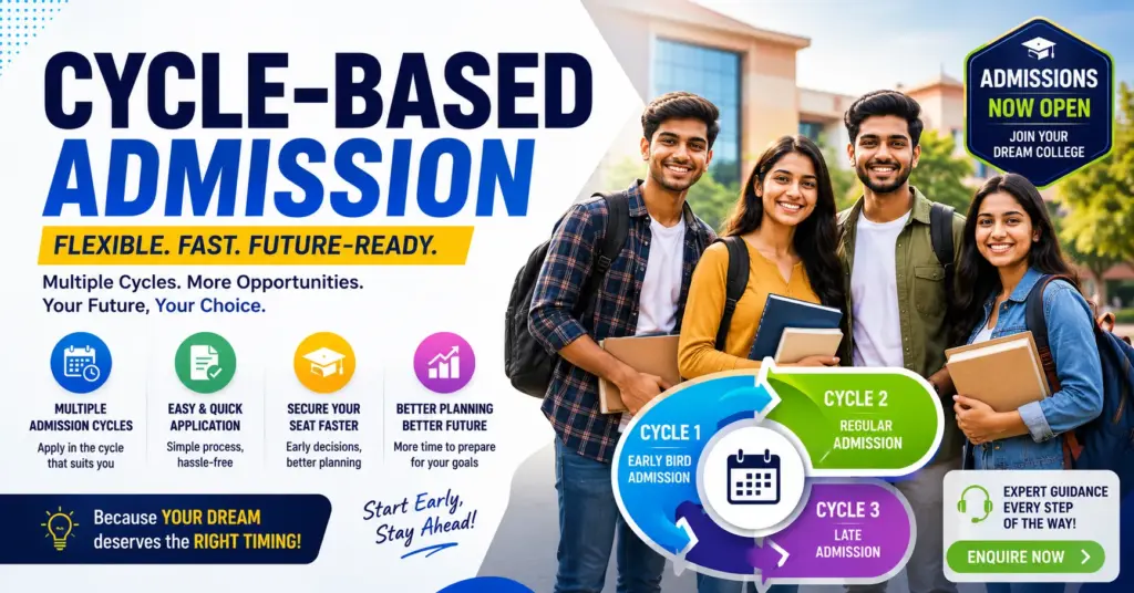 cycle-based-admission Indian students on modern college campus with bright admission guidance banner
