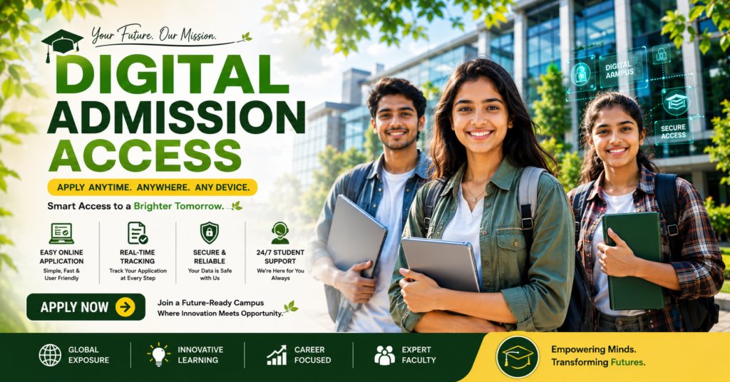 Happy Indian college students with laptops and tablets in a modern green university campus promoting digital admission access.