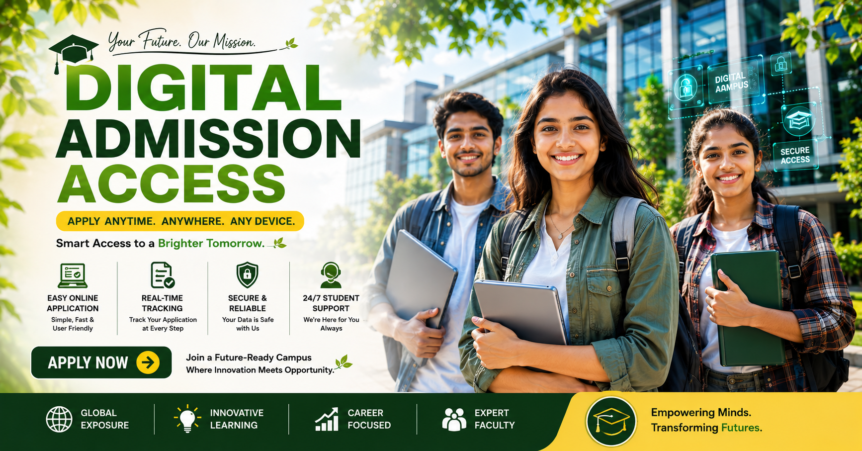 Happy Indian college students with laptops and tablets in a modern green university campus promoting digital admission access.