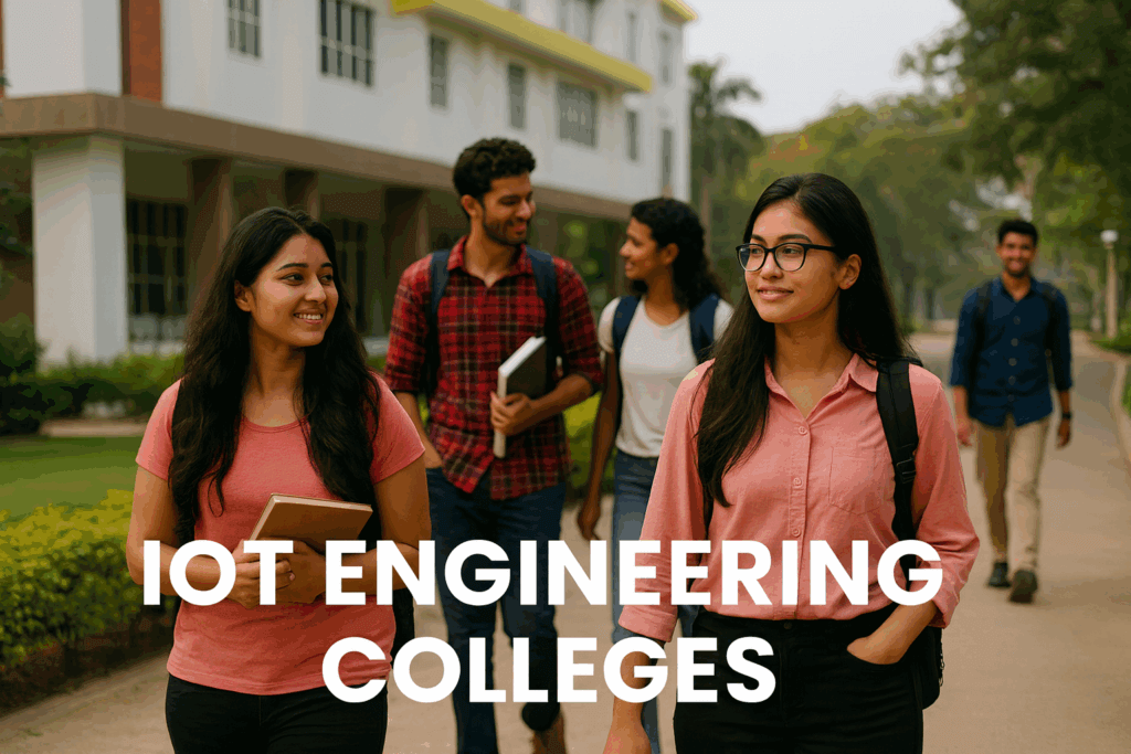 Students walking on a campus with IoT icons representing iot engineering colleges.