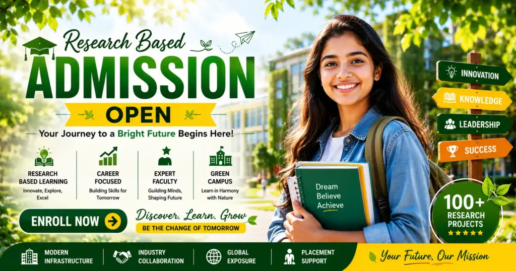 Happy Indian student on a green university campus promoting research-based admission with modern educational environment.