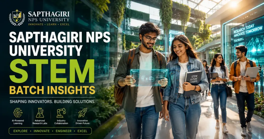 Indian STEM students walking in a futuristic green university campus with digital technology and research innovation atmosphere.