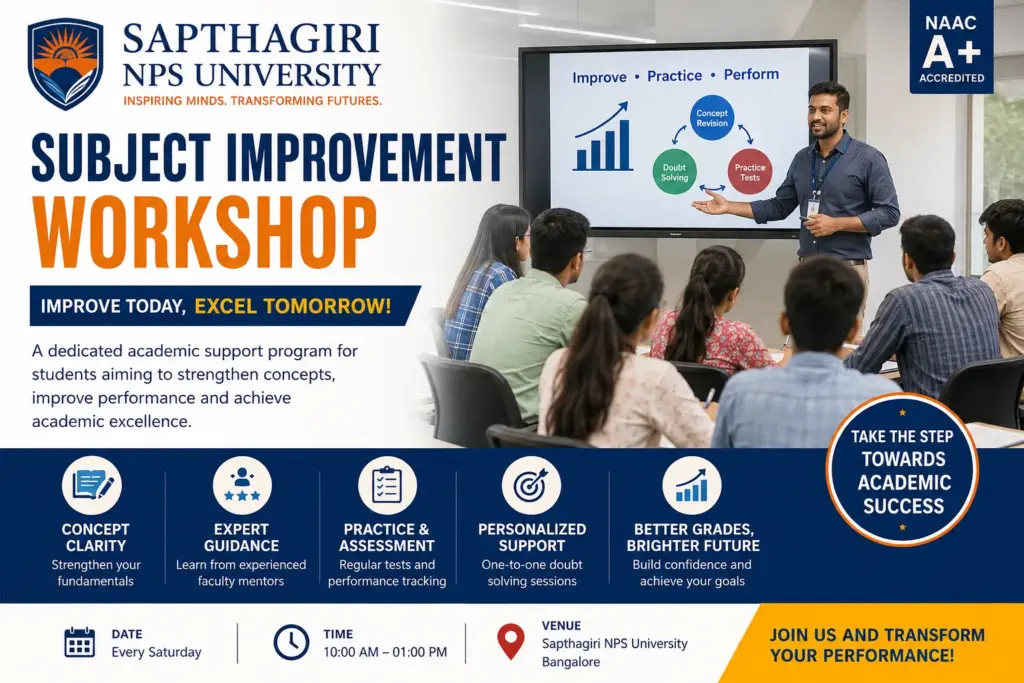 Sapthagiri NPS University Subject Improvement Workshop with students attending academic guidance session in Bangalore campus.