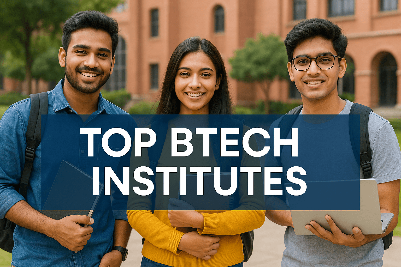 Three students on campus with a bold banner reading “TOP BTECH INSTITUTES” — image representing top btech institutes student life.
