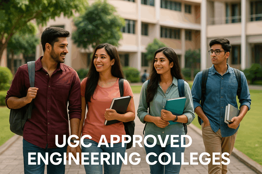 “Students walking on campus at UGC approved engineering colleges, with modern buildings and green gardens in the background.”