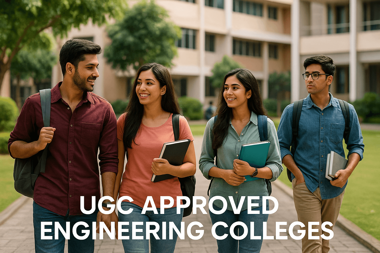 “Students walking on campus at UGC approved engineering colleges, with modern buildings and green gardens in the background.”