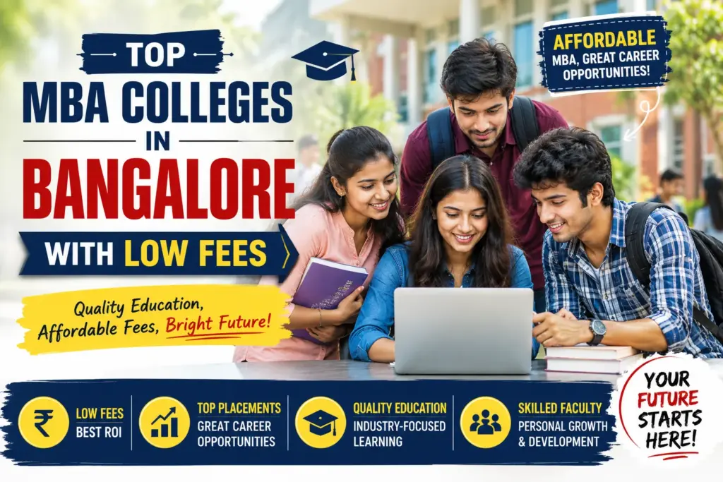 Top MBA colleges in Bangalore with low fees featuring Indian MBA students on campus