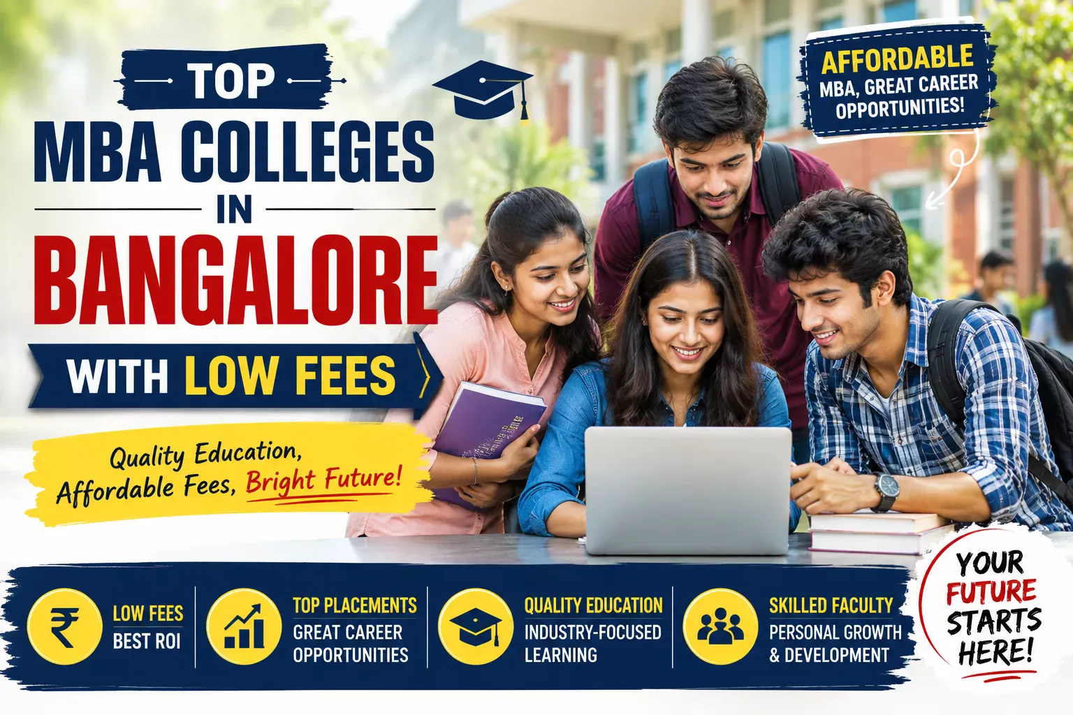 Top MBA colleges in Bangalore with low fees featuring Indian MBA students on campus